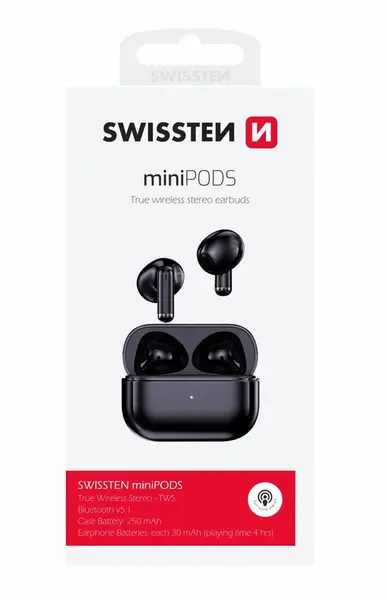 Swissten miniPODS TWS bezdrátová sluchátka Bluetooth, černá