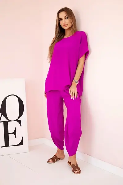 Kesi Włoski Komplet z viskózy halenka + kalhoty tmavě fialová