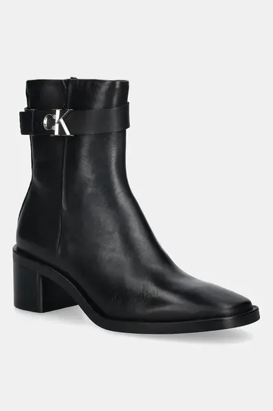 Kožené členkové topánky Calvin Klein BLOCK HEEL BOOT W/ METAL LOGO