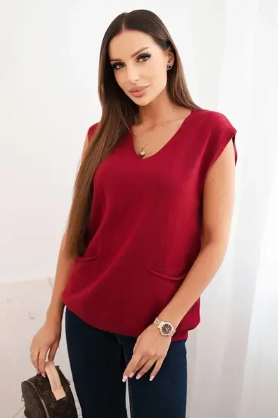 Kesi Włoski Dámský viskózový svetr bez rukávů s kapsami a V výstřihem bordový