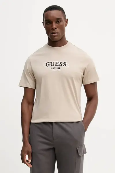 Bavlněné tričko Guess pánské, béžová barva, s potiskem, M5BI05 I3Z14