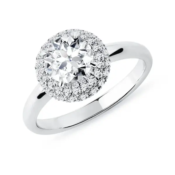 Luxusný diamantový prsteň halo z bieleho 14k zlata KLENOTA
