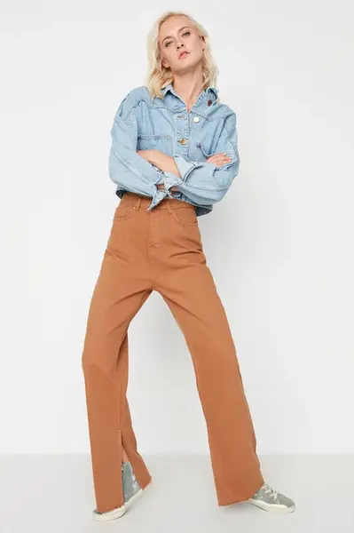 Trendyol Camel Slit High Waist Široké nohavice Džínové kalhoty