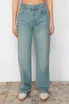 Trendyol Blue Pale Effect Vintage džíny s vysokým pasem a širokými nohavicemi