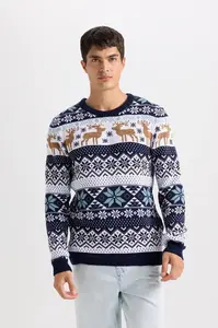 DEFACTO Standard Fit Christmas Themed Crew Neck Knitted Sweater