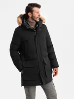 Ombre Men's insulated long parka jacket with flared bottom - black