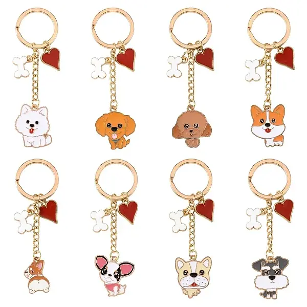 8Pcs 8 Styles Alloy Enamel Dog Heart Bone Pendant Keychain
