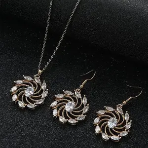 Flower Brass Micro Pave Clear Cubic Zirconia Pendant Necklaces & Dangle Earrings Sets