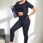 54521 Dewberry Fat Burning Zippered Thermal Tights Set-BLACK