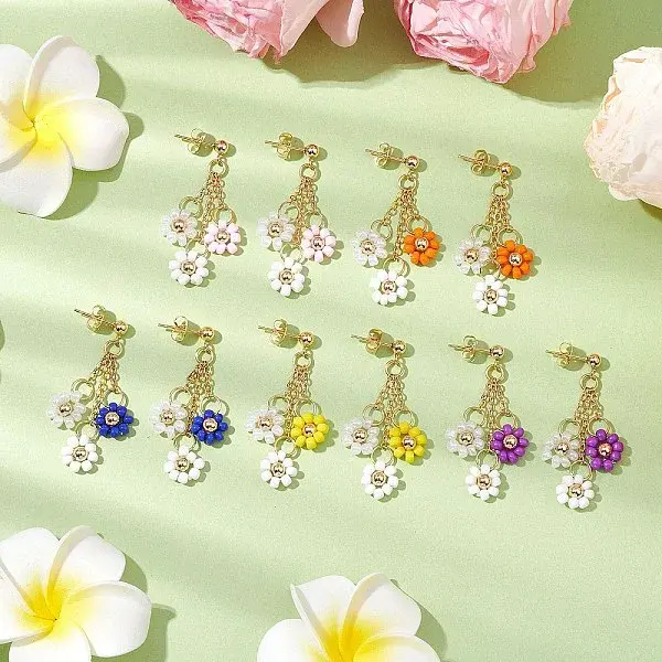 Handmade Glass Seed Beads Flower & 304 Stainless Steel Dangle Stud Earrings for Women