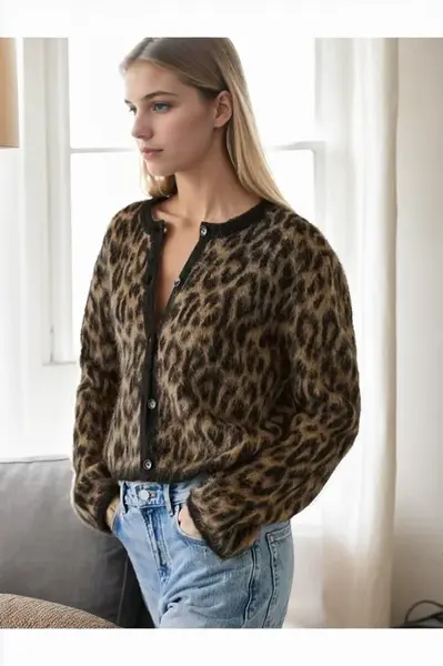 61353 Dewberry Leopard Patterned Cardigan-COFFEE