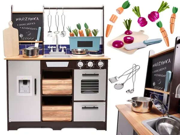 Drevená kuchynka LOFT+ 96 cm + kovové doplnky a „kostkárka ľadu“