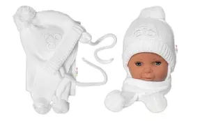 Zimná čiapočka s šálom - Autíčko, biela, 0-6m