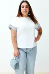 Trendyol Curve White Oversize Striped Poplin Fabric Detail on the Sleeve 100% Cotton Knitted Plus Size T-Shirt
