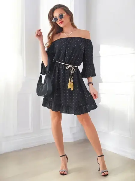 Resti Women's mini dress off-the-shoulder with long sleeves and rhinestones