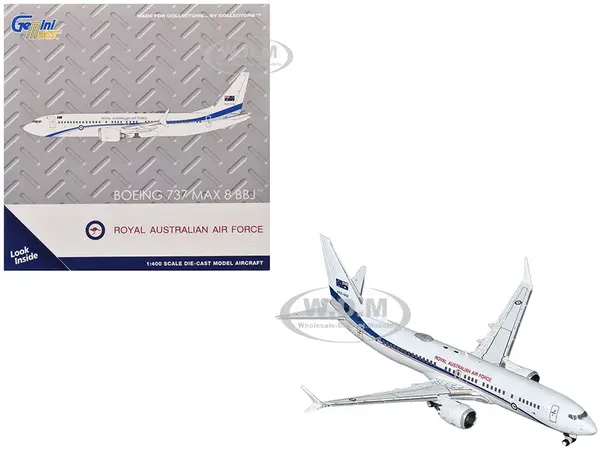 Boeing 737 MAX 8 BBJ Transport Aircraft "Royal Australian Air Force (RAAF)" (A62-002) White with Blue Stripes "Gemini Macs" Series 1/400 Diecast Mode