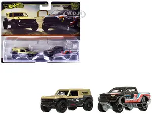 Ford Bronco R Gold Metallic and Black and 2017 Ford F-150 Raptor Pickup Truck 17 Black with Stripes "Car Culture" Set of 2 Cars Diecast Model Cars by
