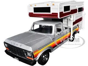 1979 Ford F-150 Custom Pickup Truck Silver Metallic with Side Stripes with Camper Shell "American Classics" Series 1/24 Diecast Model Car by Motormax