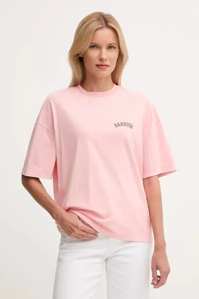 Bavlněné tričko Barbour CLAYDON dámské, růžová barva, LTS0687