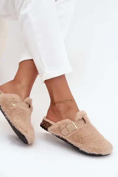 Boto Kožušinové dámske papuče na platforme s pásikom a sponou béžové Noraline