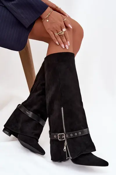 Boto Dámské kozačky na podpatku s ozdobným páskem černé Jolivine