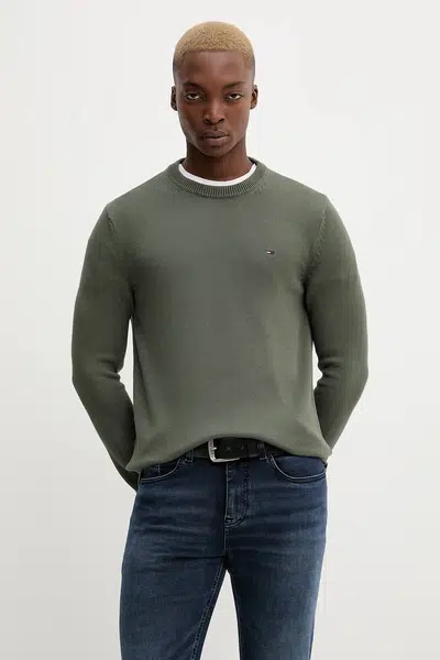 Bavlnený sveter Tommy Jeans zelená farba, ľahký, DM0DM21787