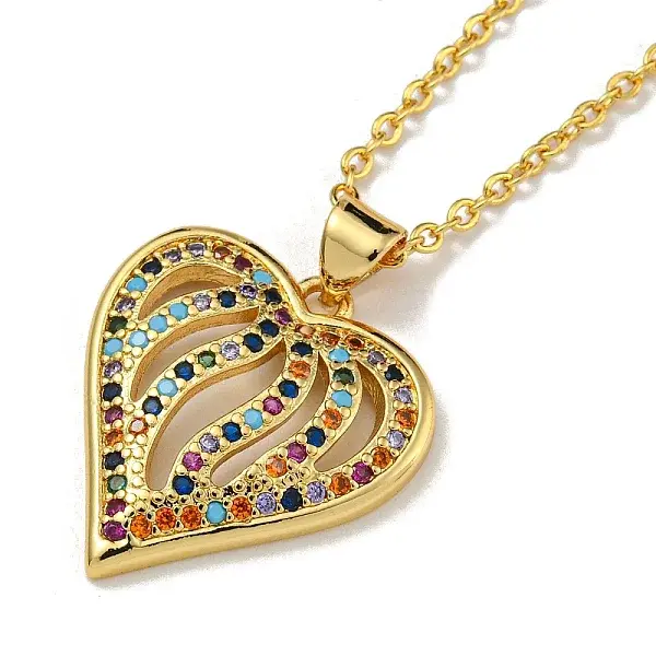 Brass Micro Pave Colorful Cubic Zirconia Peach Heart Pendant Necklaces for Women