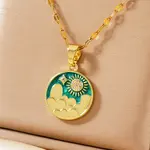 Brass Green Enamel 3D Flat Round Sky Sun Pendant Necklaces