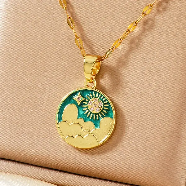 Brass Green Enamel 3D Flat Round Sky Sun Pendant Necklaces