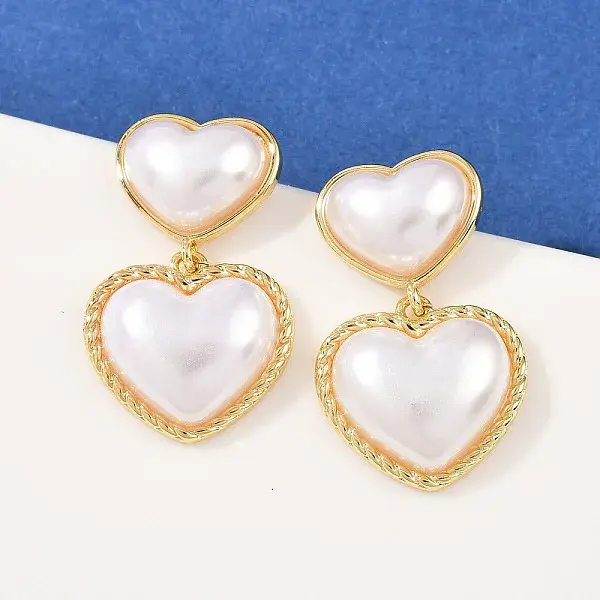 Brass ABS Plastic Pearl Heart Dangle Stud Earrings