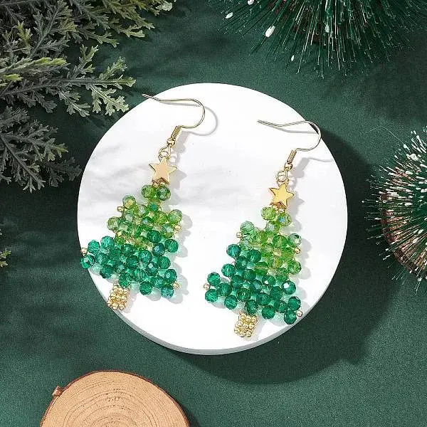 Christmas Tree Handmade Glass Seed Beads Dangle Earrings