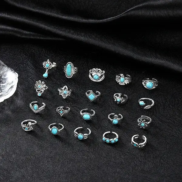 20Pcs Bohemian Style Alloy with Resin Cuff Rings