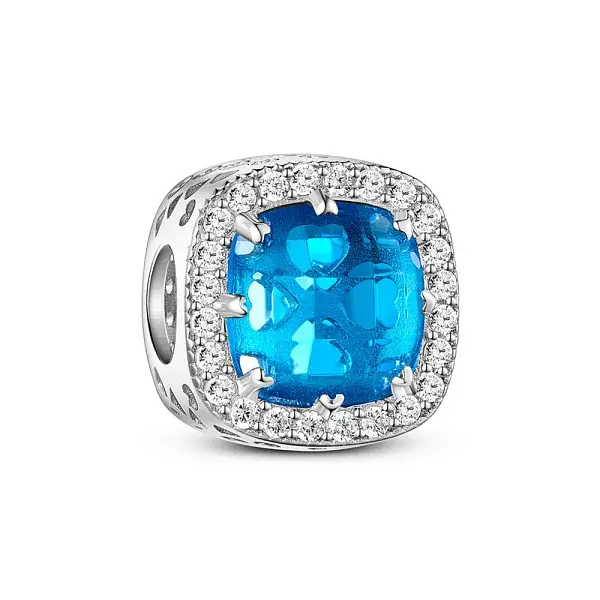 Rhodium Plated 925 Sterling Silver Charm Beads with Blue Zirconia for Bracelet
