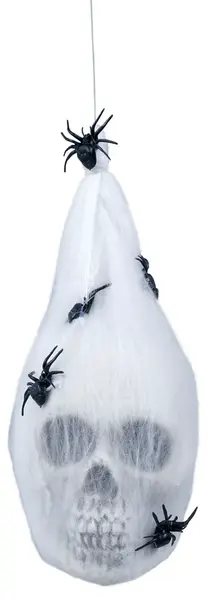 Dekorácia Lebka v pavučine+pavúky 25cm