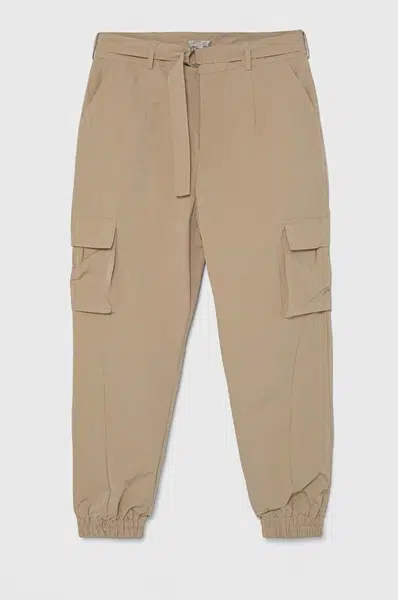 Kalhoty Guess dámské, béžová barva, kapsáče, high waist
