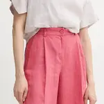 Lněné kraťasy Sisley dámské, růžová barva, high waist, 4AGHL901K