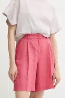 Lněné kraťasy Sisley dámské, růžová barva, high waist, 4AGHL901K
