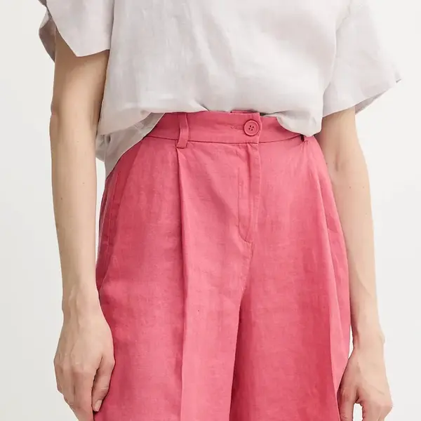 Lněné kraťasy Sisley dámské, růžová barva, high waist, 4AGHL901K