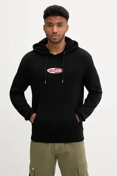 Bavlněná mikina Guess Jeans pánská, černá barva, s kapucí, s aplikací, M5YQ02 KCPR1