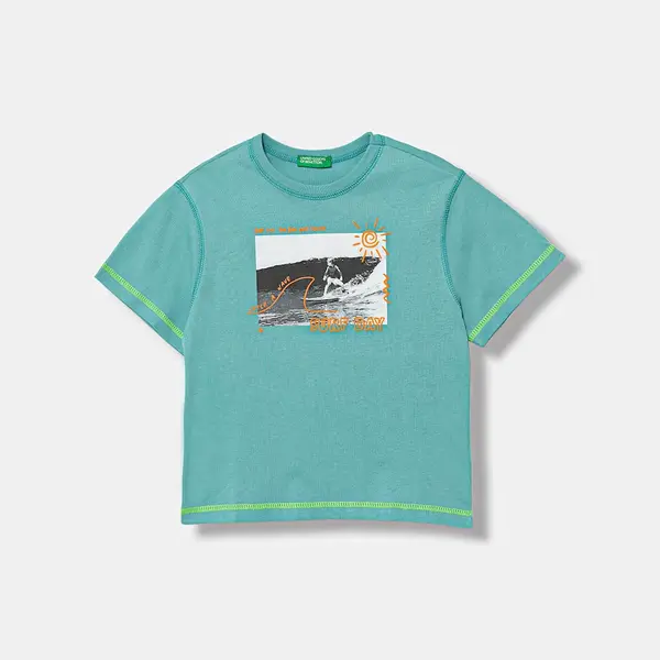 Dětské bavlněné tričko United Colors of Benetton tyrkysová barva, s potiskem, 3I1XG10JG