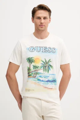 Bavlněné tričko Guess pánské, béžová barva, M5YI38 KBW41