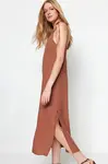 Trendyol Brown Straight Cut Slit Strappy Maxi Woven Dress