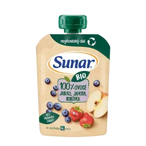 SUNAR BIO ovocná kapsička jablko, jahoda, borůvka 4m+ 100 g