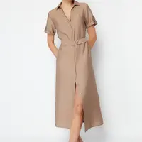Trendyol Mink Belted Midi Woven Shirt Dress