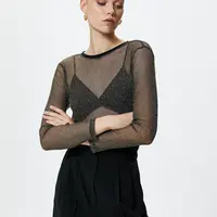 Koton Transparent T-Shirt Glitter Long Sleeve Crew Neck