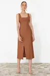 Trendyol Brown A-Line Square Neck Slit Strap Midi Woven Dress