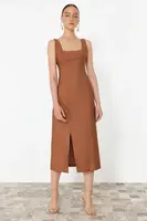 Trendyol Brown A-Line Square Neck Slit Strap Midi Woven Dress