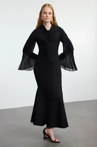 Trendyol Black Embroidered Detailed Chiffon Sleeve Woven Evening Dress