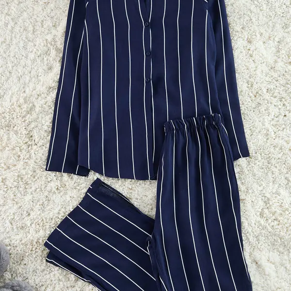 Trendyol Navy Blue Striped Slit Detailed Viscose Shirt-Pants Woven Pajama Set
