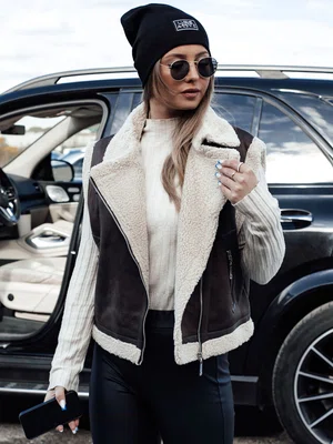 Kamizelka damska zamszowa z kożuszkiem WOOLZIP kawowa Dstreet